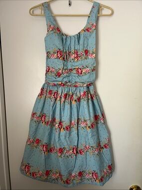 Voodoo Vixen Retro Blue Floral Rose Print Sundress Garden Party Summer Dress